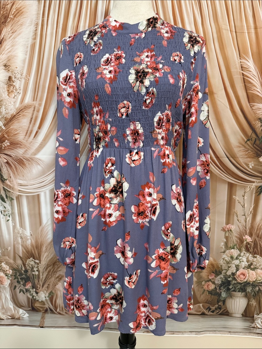 Lush Dusty Blue Floral Smocked Long Sleeve Mini Dress